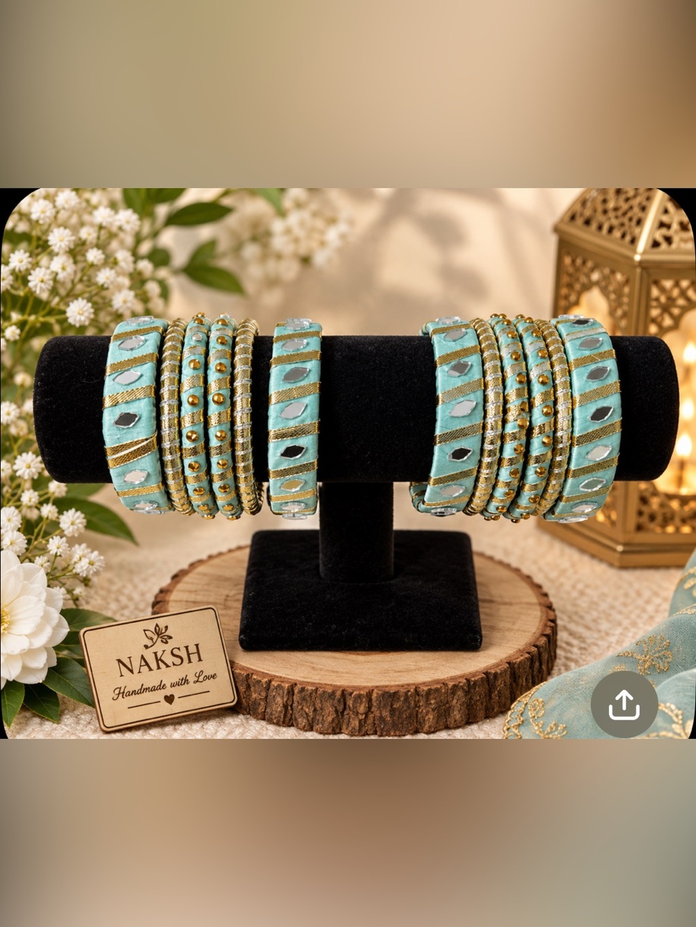 Handmade bridal Light Blue and Gold Women's Bangle Bracelet 12 piece Set